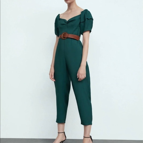 NWT Zara Belted Jumpsuit Puff Shoulder Green Color - Picture 1 of 7